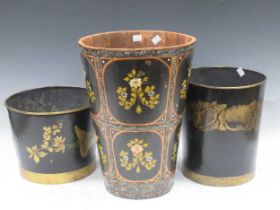 A floral painted waste paper bin, and two toleware bins, largest 40cm high (3)