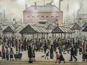 Two reproduction L S Lowry prints, watercolour after Samuel Prout, an engraving, and unframed oil