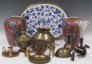 A pair of L & Co Chung Ware Wood & Sons ovoid vases with printed red and blue floral pattern, 22cm