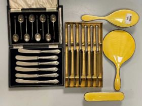 A collection of silverware including 2 cases of silver handled knives, a case of 8 silver and enamel