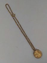 A full sovereign pendant dated 1896 on a base metail chain, gross weight 20.2g