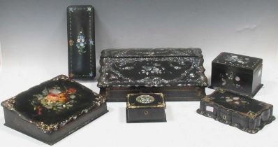 Six Victorian papier mache and decorated boxes including a writing box