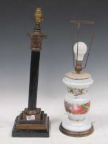 A column table lamp, together with a floral painted china lamp