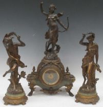 An early 20th century French onyx and gilt metal figural clock garniture, largest 50cm high