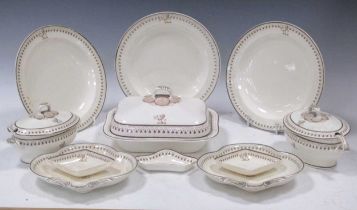 A Wedgwood creamware part dinner service, circa 1800-1810, with foliate borders in sepia and lion