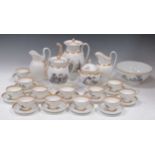 A French porcelain coffee service, circa 1850, painted en grisaille with romantic figures, gilded