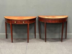 A Regency fold over D-shaped card table 73 x 92 x 46cm together with a Regency half round side table