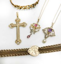 A cross pendant set with cubic zirconia, stamped '375' weight 5.1g, together with two early 20th