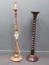 A mahogany barley twist column torchere (134cm H) and a gilt column standard lamp (157cms H) (2)