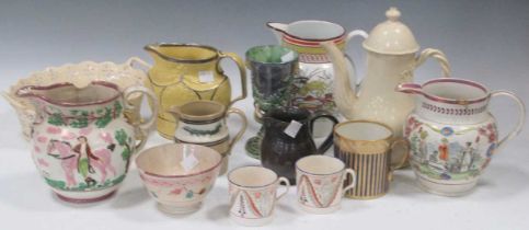 A quantity of English 19th century and later ceramics to include Sunderland lustre, creamware,