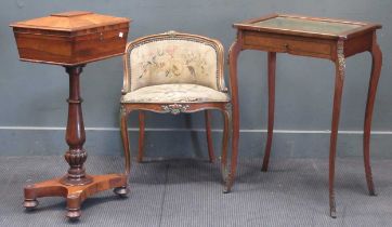 A faux rosewood work-box on stand, set on quatreform base, together with a late 19th century painted