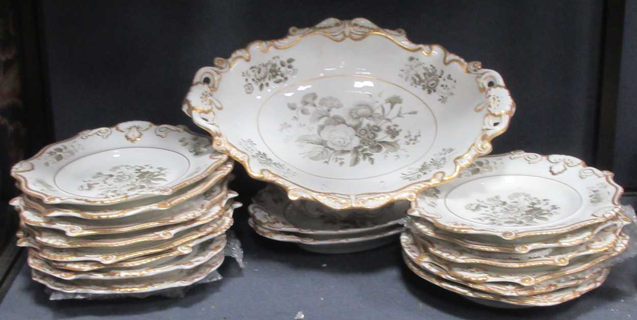 A Rockingham dessert service, circa 1835, decorated with grey floral ...