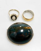 A hardstone brooch tested as 9ct gold and a hallmarked 9ct gold ring, gross weight 25.7g, together