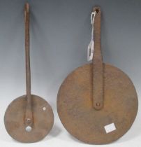 Two 19th century hand forged wheelwright's measuring wheels approx 32cm long