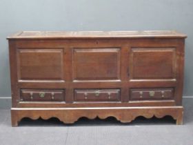 A large oak coffer with panelled front above three drawers, stamped MFWW, 95 x 179 x 55.5cm.