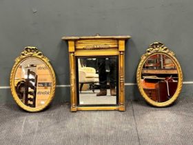 A Regency small gilt wood pier mirror 58 x 50cm together with a pair of oval reproduction oval