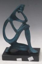 A modern bronzed metal model of a thinking man with blue patina, 22cm high excluding base