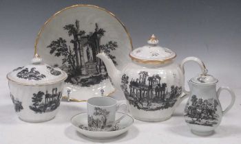 Items of Worcester bat printed porcelain, circa 1790, to include a fluted sucrier and cover,