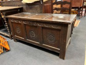 A late 17th century carved oak coffer, 62.5 x 134 x 52cm, Please see image