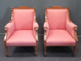 Pair of Edwardian armchairs with inlaid decorative crest to the tops of the backs 85cm H x 65cm W