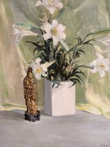 Arrah Lee Gaul (1888 - 1980) Still life of Lillies and a Chinese ivory statue signed 'Arrah Lee