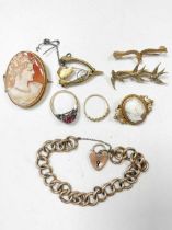 A collection of jewellery, including two cameo brooches assessed as 9ct gold, a hallmarked 9ct