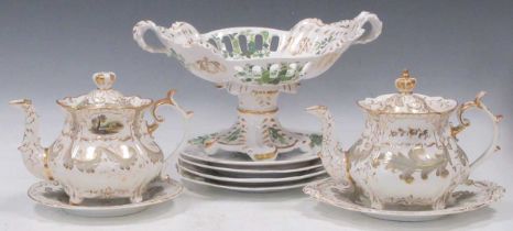 A Rockingham part tea service circa 1835 of rococo form with grey and gilt scrolling foliage; also a