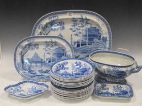 A Spode blue printed Tiber pattern dinner service, circa 1825, comprising ten soup bowls. eleven