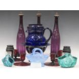 A mixed group of glassware: blue Bristol vase and jug etc; Victorian vitro-porcelain pressed