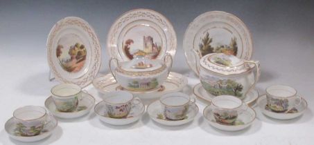 An composed New Hall tea service, circa 1815, with bat printed views of country houses, churches and