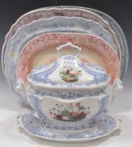 A 19th century English pottery tureens and cover by Smith of Stockton, another tureen and 10 further