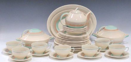 A Susie Cooper part dinner and tea service, banded pattern, with 7 cups, teapot, serving plates etc