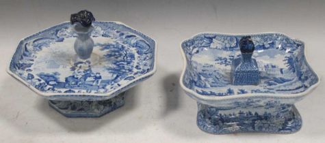 A 19th century Minton blue and white pickle stand, printed with a rustic scenes with four dishes;