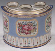 A Coalport D-shaped bough pot and cover, circa 1805, the powder blue ground body reserved with three