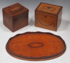A late George III mahogany shell inlaid tea caddy 10.5 x 11 x 9.5cm, together with a 19th century