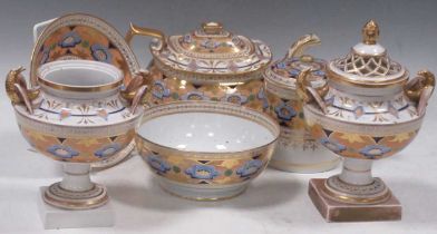 A group of Ridgway 847 pattern porcelain, circa 1815, comprising a teapot and cover, a lidded vase