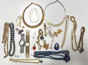 A collection of costume jewellery, including two silver collarettes, a silver bracelet, a white
