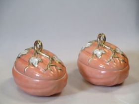 A pair of Continental porcelain Melon tureens and covers with gilded sprig and leaf handles (2) 18cm