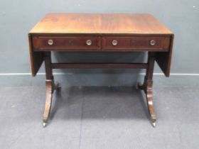 19th century mahogany sofa table with inlaid satinwood stringing. Two short drawers beneath the fold