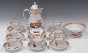 A rare Chamberlain's Worcester coffee service, circa 1805, painted in brown monocrom with pastoral