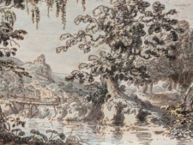 An 18th/19th century study of a wooded river landscape with distant hilltop ruin, ink, watercolour