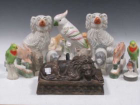 Collection of model animals including moulded recumbent lion, Rye Pottery figures, etc (16)