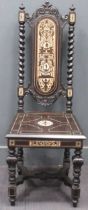 A 19th century Italian ebonised and ivory inlaid dining chair 118cm High