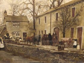 An overpainted photograph on canvas depicting a village scene, 46 x 60cm, unframed