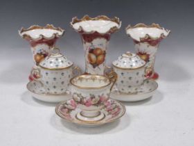 A Swansea porcelain cabinet cup and stand, in Empire style painted with bands of flowers; an English