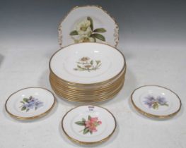 A collection of 11 hand painted Botanical dinner plates designed by A. H. Williamson for Royal