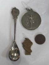 Arab coin, apparently 1845, a Silver plated metal souvenir spoon, M.S. Willem Ruys (1947-65),