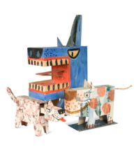 § Tom Karen, a group of three card-built models of dogs,