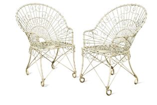 A pair of wirework conservatory armchairs,