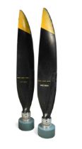 A pair of mounted aircraft propeller blades,